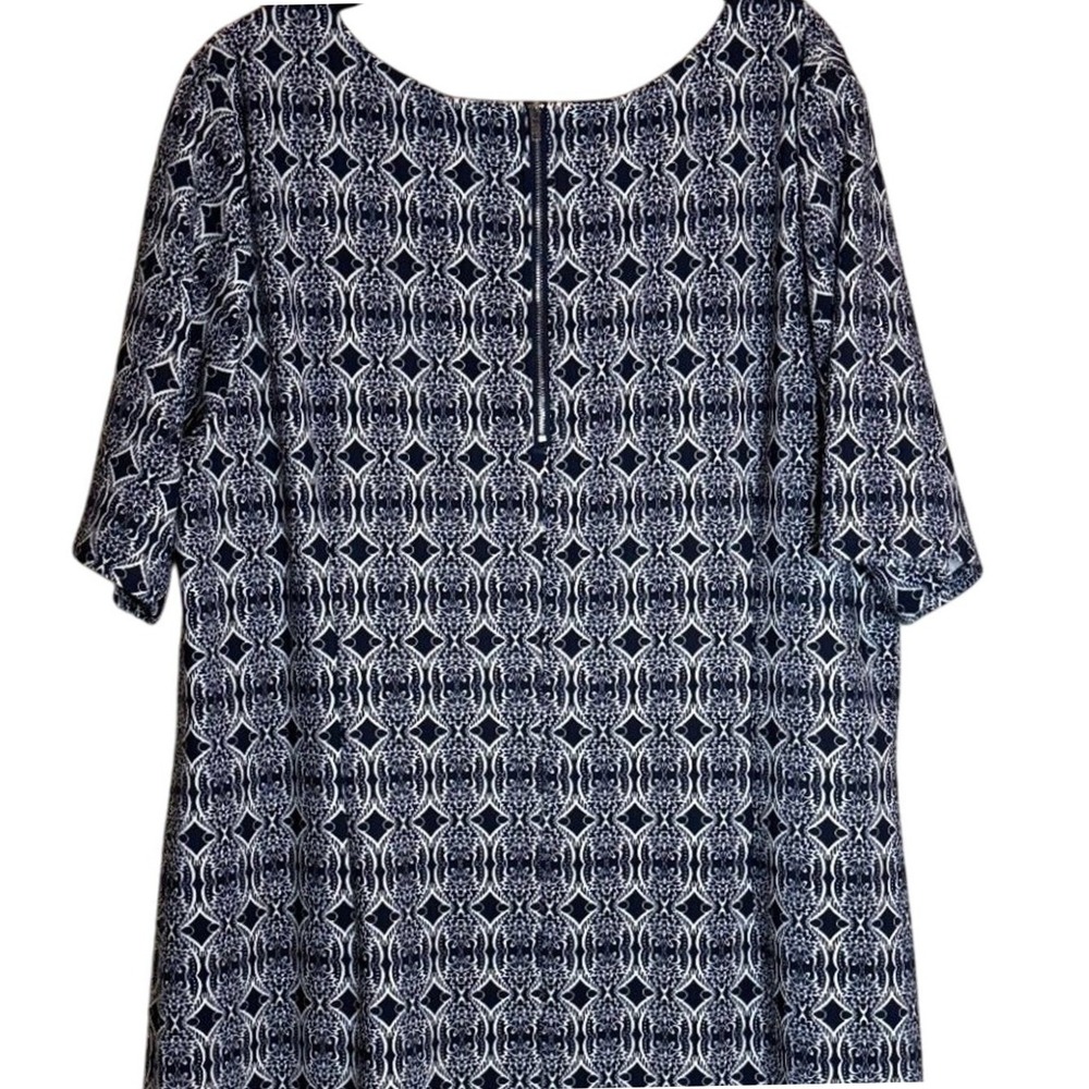 Women Geometric Print Dress Blue Cream Plus Size 22W Casual Workwear Midi Spring - Picture 5 of 8